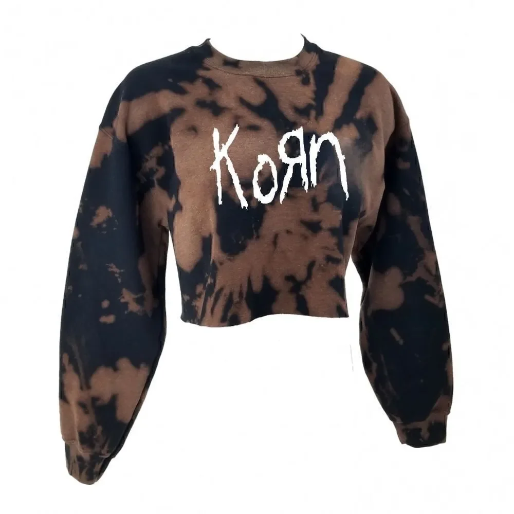 KORN Acid Wash Distressed "Cropped" Crop Top Long Sleeve Crewneck Sweatshirt y2k - Picture 2 of 5